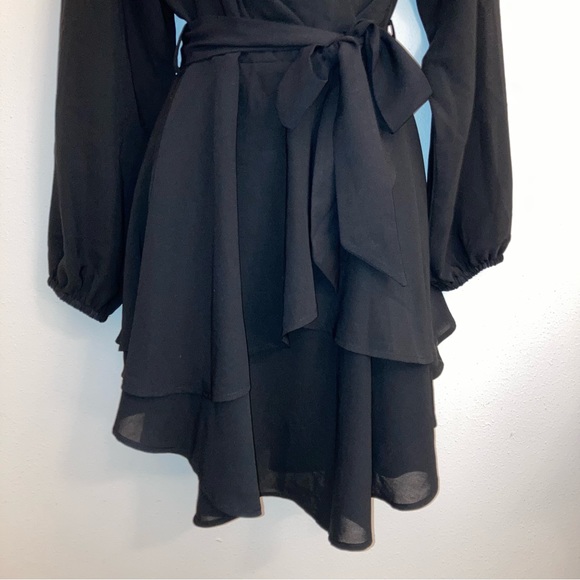 NEW Formal Black Bow Faux Wrap Long Sleeve Sexy Fit Flare Spring Cocktail Dress - Picture 10 of 17